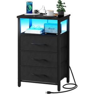 Yoobure Night Stand with Charging Station, 16 Colors LED Nightstand with USB Ports and Outlets, End Table with 3 Fabric Drawers and Storage Shelf, Bedside Tables Small Dresser for Small Space, Black