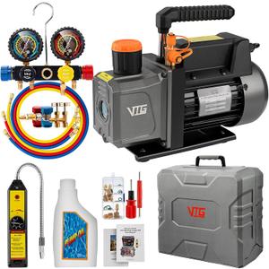 VTG VOGTEN 4.5 CFM AC Vacuum Pump and Gauge Set,for Mini Split/HVAC/Auto Systems,Manifold Gauge Kit Fits R134a R22 R410a,with Leak Detector,Upgraded Trifold Storage Case,4 Hoses,2 R134a Can Taps
