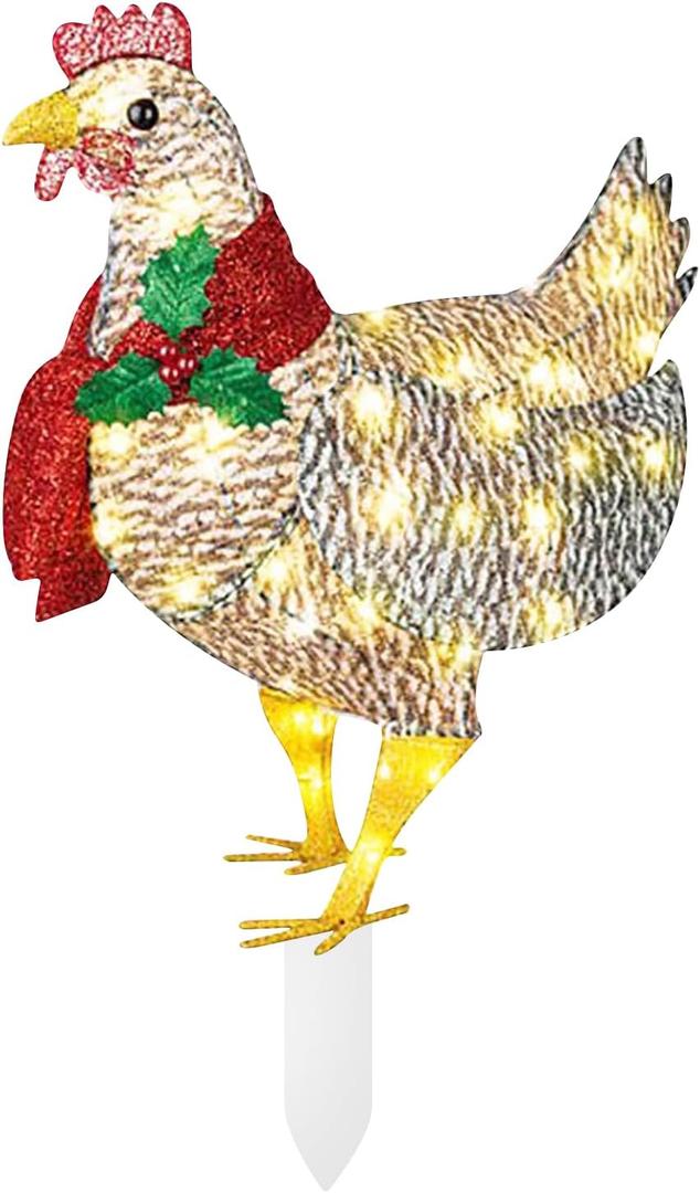 Light Up Chicken Outdoor Christmas Decor, Lights LED Yard Signs with Stakes Chicken Ornaments, Light Up Chicken with Scarf for Xmas Gifts Courtyard Lawn Garden Christmas Feeling Decoration
