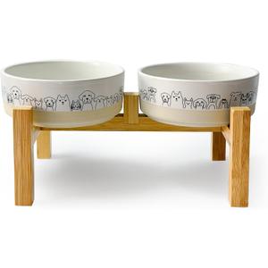 Elevated Ceramic Dog Bowls with Wooden Stand 6.1inch Raised Dog Bowls with Cute Pattern for Small and Medium Breed Dogs,2 Pack Dogs Food and Water Bowl Set,Weighted Pet Dishes Dishwasher Safe