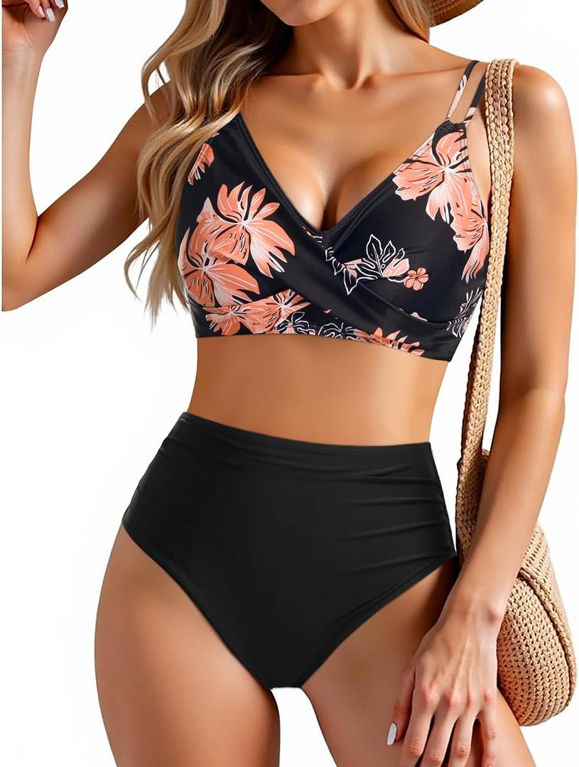 Holipick Women High Waisted Bikini Set Two Piece Swimsuits Push up Wrap Swim Suits Top Tummy Control Bathing Suit, XS