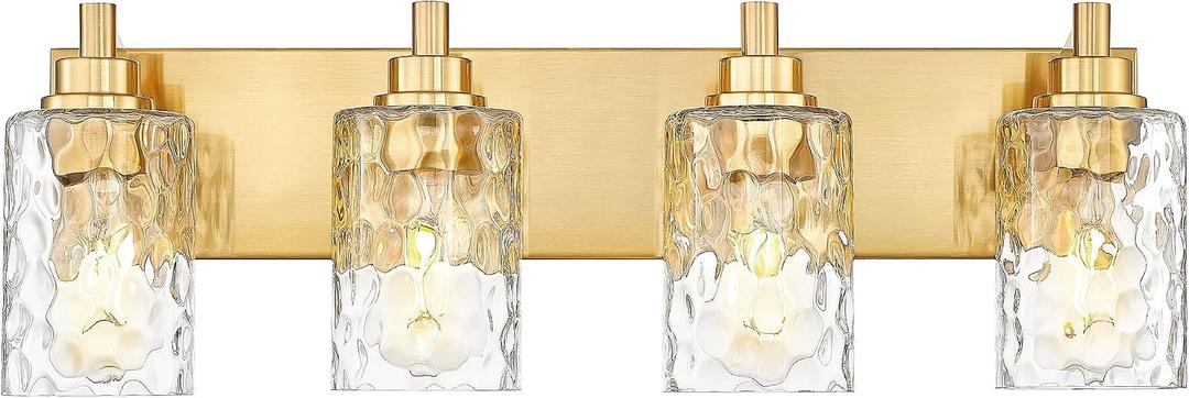 4-Light Bathroom Light Fixtures, 24.5 Inch Brushed Gold Vanity Lights with Clear Hammered Glass Cylinder Shade, Modern Vanity Lighting Fixture Over Mirror, VL198-BG-4