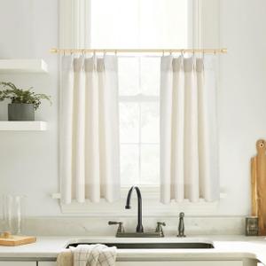 Kitchen Window Curtains Over Sink Cafe Curtains 24 Inch Length,Modern Farmhouse Style Boho Pinch Pleated Linen Sheer Tier Short Curtains for Small Window,Sets of 2 Piece,Cream