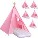 Wilwolfer Sleepover Tents for Kids Party-6 Pack Tipi Playhouse for Kids with Lights& Flag& Inflatable Airbed -Indoor/Outdoor Foldable -Slumber Party Tent-Sleepover Party Supplies, Pink