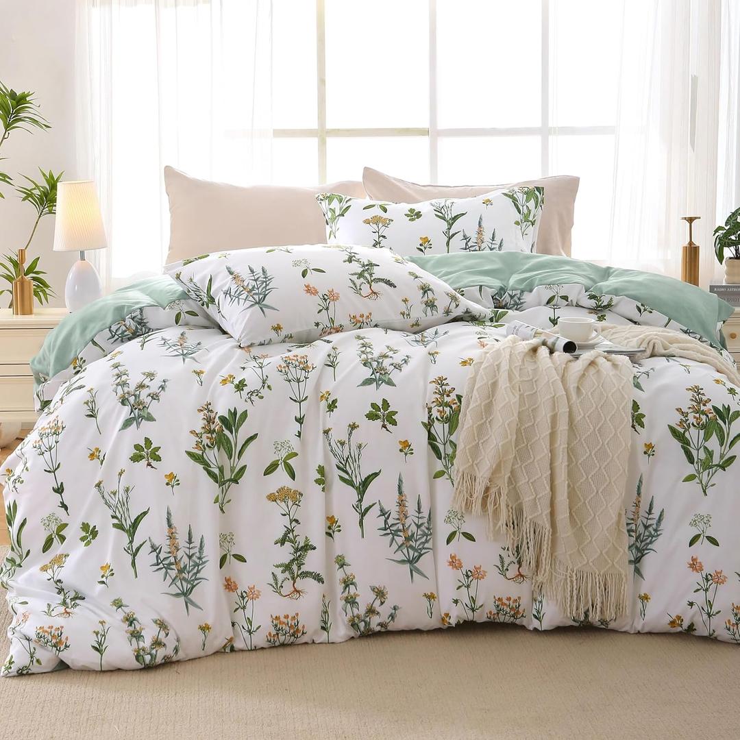 MUXHOMO Duvet Cover King Size, Reversible Floral Green Duvet Cover Set with Zipper Closure, 3 Pieces Botanical Patterns Soft Microfiber Bedding Set with 4 Ties (90"x104", 2 Pillow Cases) (04 - Green Flower (No Comforter))