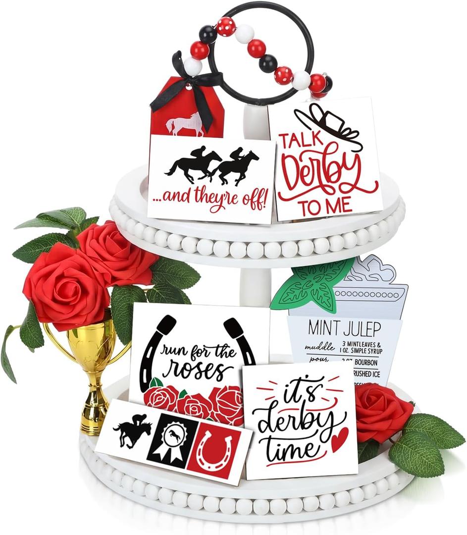 Vicenpal 13 Pcs Derby Horse Racing Table Tiered Tray Decoration Set Wooden Tabletop Sign Red Rose Flowers Centerpiece Gold Plastic Trophy Bead for DIY Horse Racing Festival Supplies Home Shelf Kitchen