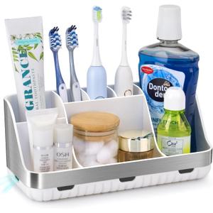 Toothbrush Holders for Bathrooms Countertop Organizer - Kids Electric Toothbrush and Toothpaste Holder Detachable 7 Slots Tooth Brush Organization Bathroom Accessories Storage Vanity, Silver