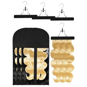 3 Pcs Hair Extension Storage Bag, Hair Extensions Holder with Hanger, 11.4 * 23.6 inches, Portable Wig Bags Storage with Transparent Zipper Closure (Black)