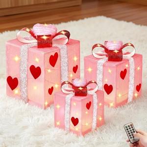 Colingmill 3 Pcs Pink Valentine's Day Decorations Lighted Gift Boxes with Pink Hearts Silver Glitter Fabric 60 LED Battery Operated Present Box for Indoor Outdoor Holiday 6, 8, 10'' Square Boxes