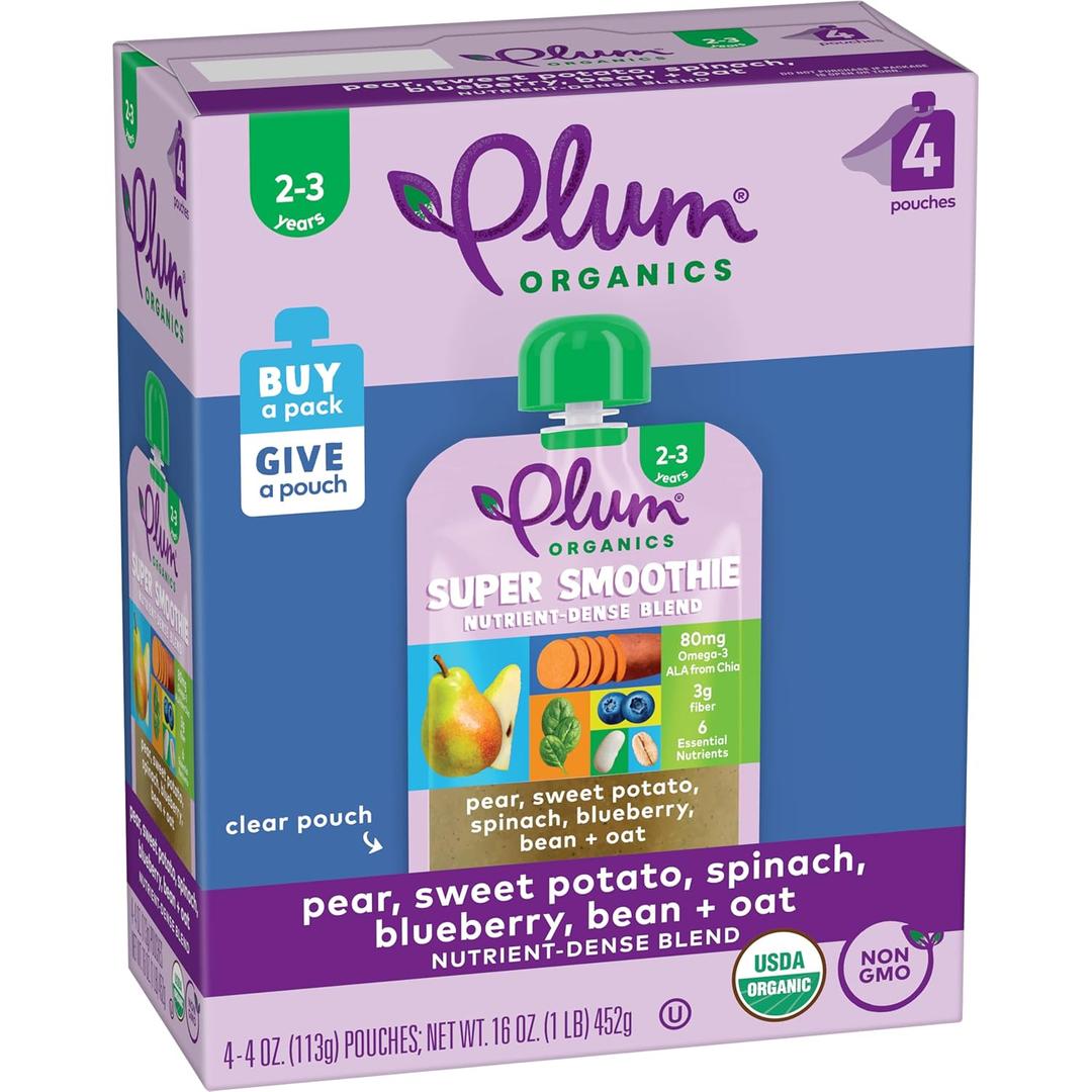 Plum Organics Super Smoothie Organic Toddler Food - Pear, Sweet Potato, Spinach, Blueberry, Bean, and Oat - 4 oz (Pack of 4) EXP: 05/11/26