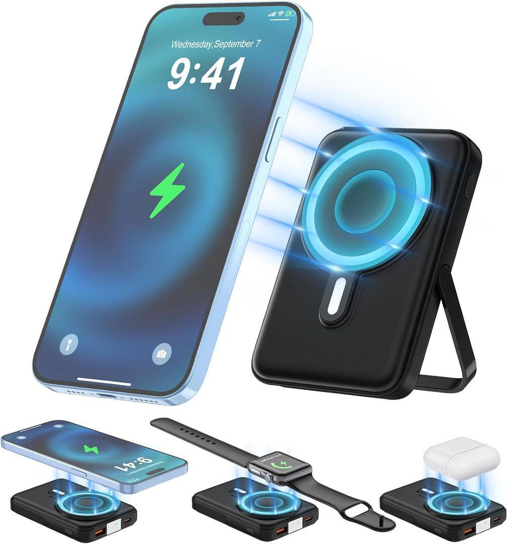 Wireless Portable Charger,3-in-1 Magnetic Power Bank 10000mAh with LED Display,22.5W Fast Charging Mag-Safe Battery Pack, Compatible with iPhone 15/14/13/12, Apple Watch Series, Airpods (Black)