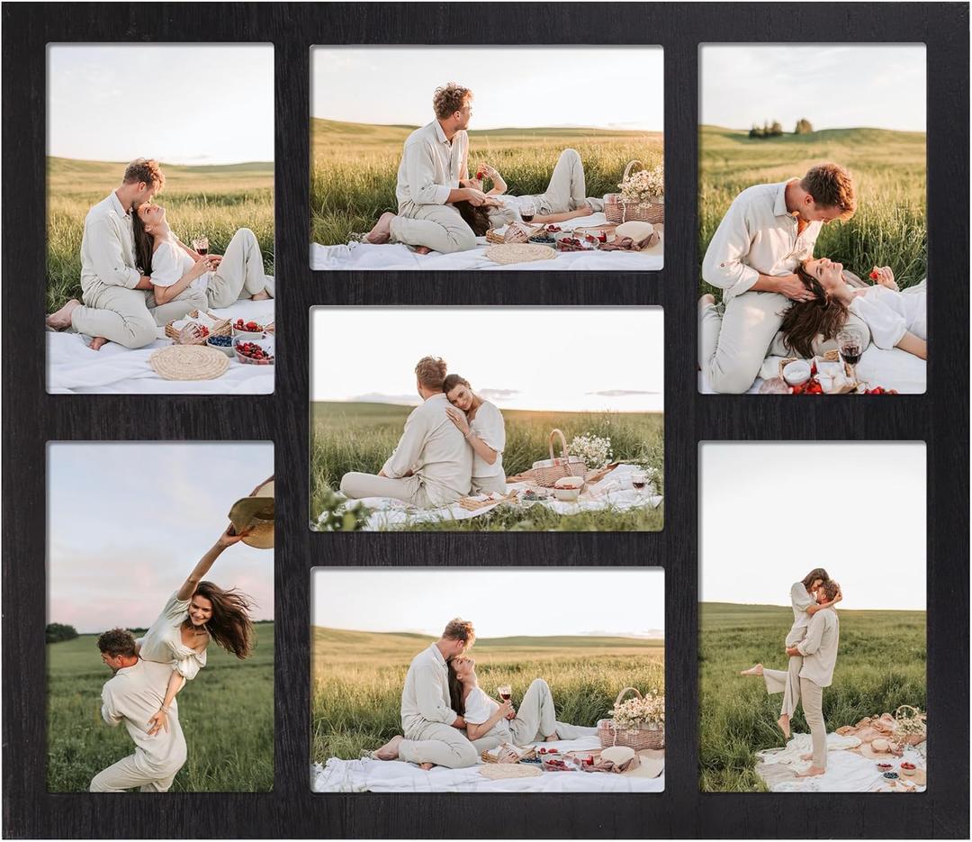 4x6 Picture Frame Collage for Wall Decor, Multiple Photo Collage Frames with Tempered Glass, 7-Opening for 4 x 6 Picture Frames, Rustic Black, 1 Pack