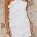 Womens 2025 Summer Sleeveless Mini Dress Backeless Solid Color One Shoulder Ruffle Tiered Layered A Line Sun Dresses (White, M)