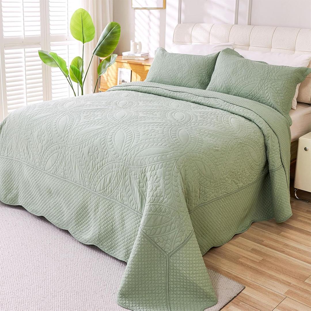 Cmfshape 100% Cotton Quilt King Size-Sage Green Bedspread 106"x96"-Coin Pattern Bedding Set 3 Pieces-Pre-Washed Lightweight Microfiber Coverlet-Suitable for Bed,Couch,Quilt Blanket All Seasons