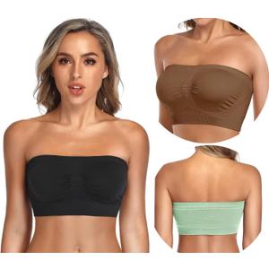 ANGOOL Strapless Comfort Wireless Bra with Slip Silicone Bandeau Bralette Tube Top (Small, Black+oxide+green)
