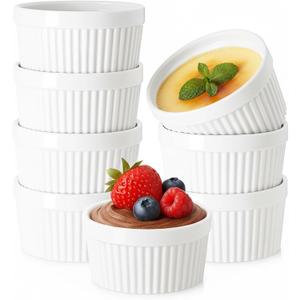 Ramekin Bowls 8OZ,WERTIOO 8 PCS Bakeware Set for Baking and Cooking, Oven Safe Sleek Porcelain Ramikins for Pudding, Creme Brulee, Custard Cups and Souffle Small instant table tray