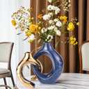 LCCCK Blue and Gold Ceramic Vases for Home Decor, Boho Vase for Flowers Pampas Grass Decorative, Navy Blue Hollow Donut Small Vase for Living Room Table Wedding Centerpiece Modern Vases