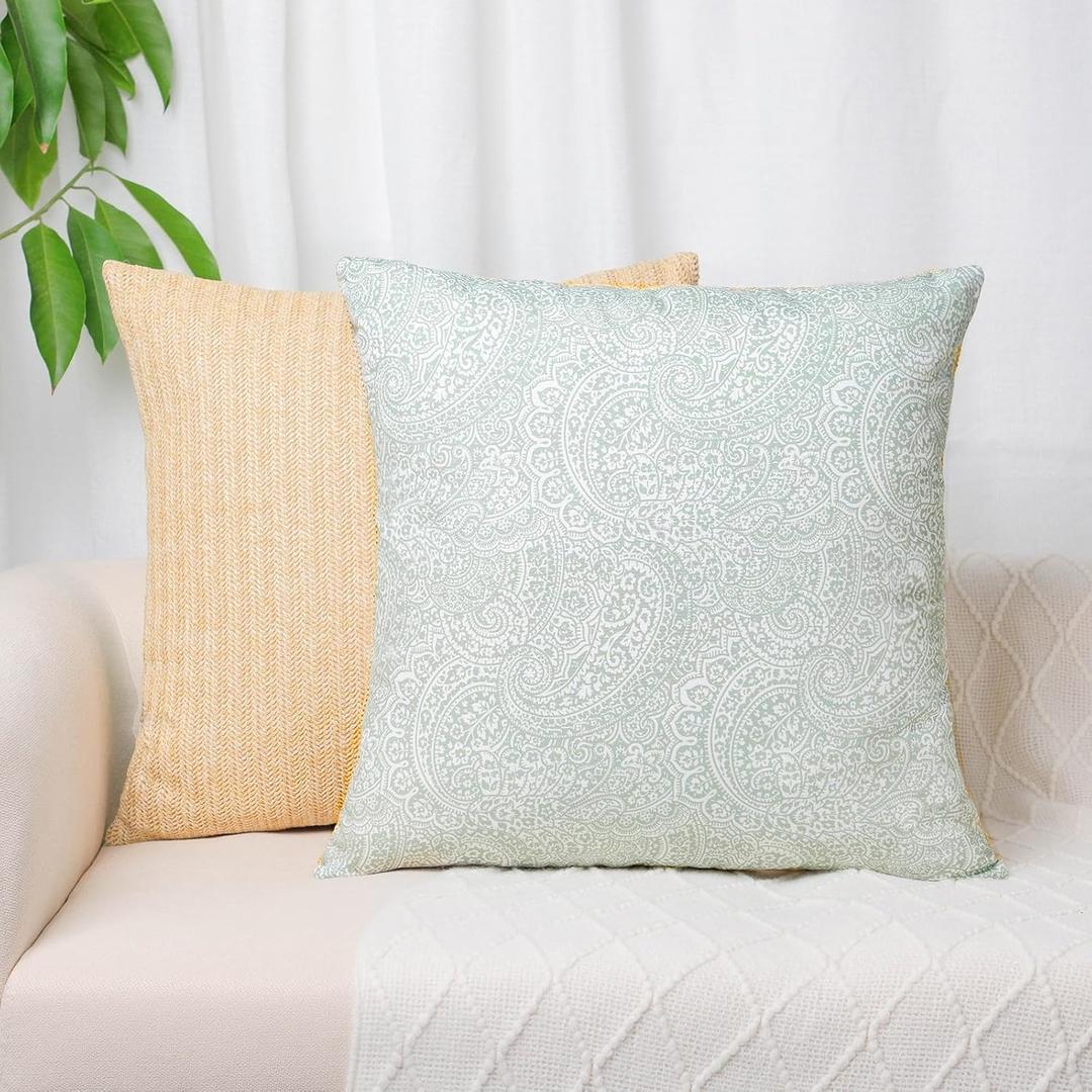 Pack of 2, 20 x 20 inch Decorative Throw Pillow Covers Light Green Woven Farmhouse Outdoor Cushion Covers Soft Texture Couch Cushion Case for Couch Sofa Bedroom Living Room