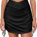 Leoparts Women's High Waist Swim Skirt Bottoms Tummy Control Drawstring Ruched Swim Shorts Swimsuit Skorts with Pockets (Large, 885 Black)