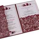 25pcs 5"x7.28" Burgundy Vintage Tri Fold Wedding Invitations Cards pocket Pearl Paper Laser Cut Hollow Carving Greeting invites Covers only no envelope no insert