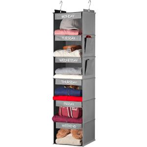 Weekly Clothes Organizer for Kids - 6-Shelf - Hanging Closet Daily Clothing Organization Labeled Shelves with Days of The Week Monday Through Friday, Weekday and Weekend (Grey) Weekly Clothes Organizer for Kids - 6-Shelf - Hanging Closet Daily Clothing Organization Labeled Shelves with Days of The Week Monday Through Friday, Weekday and Weekend (Grey)