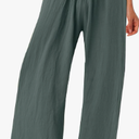 Linen Pants for Women Summer High Waisted Wide Leg Pants Casual Elastic Waist Palazzo Pants Beach Pants with Pockets, Dark Green, Large
