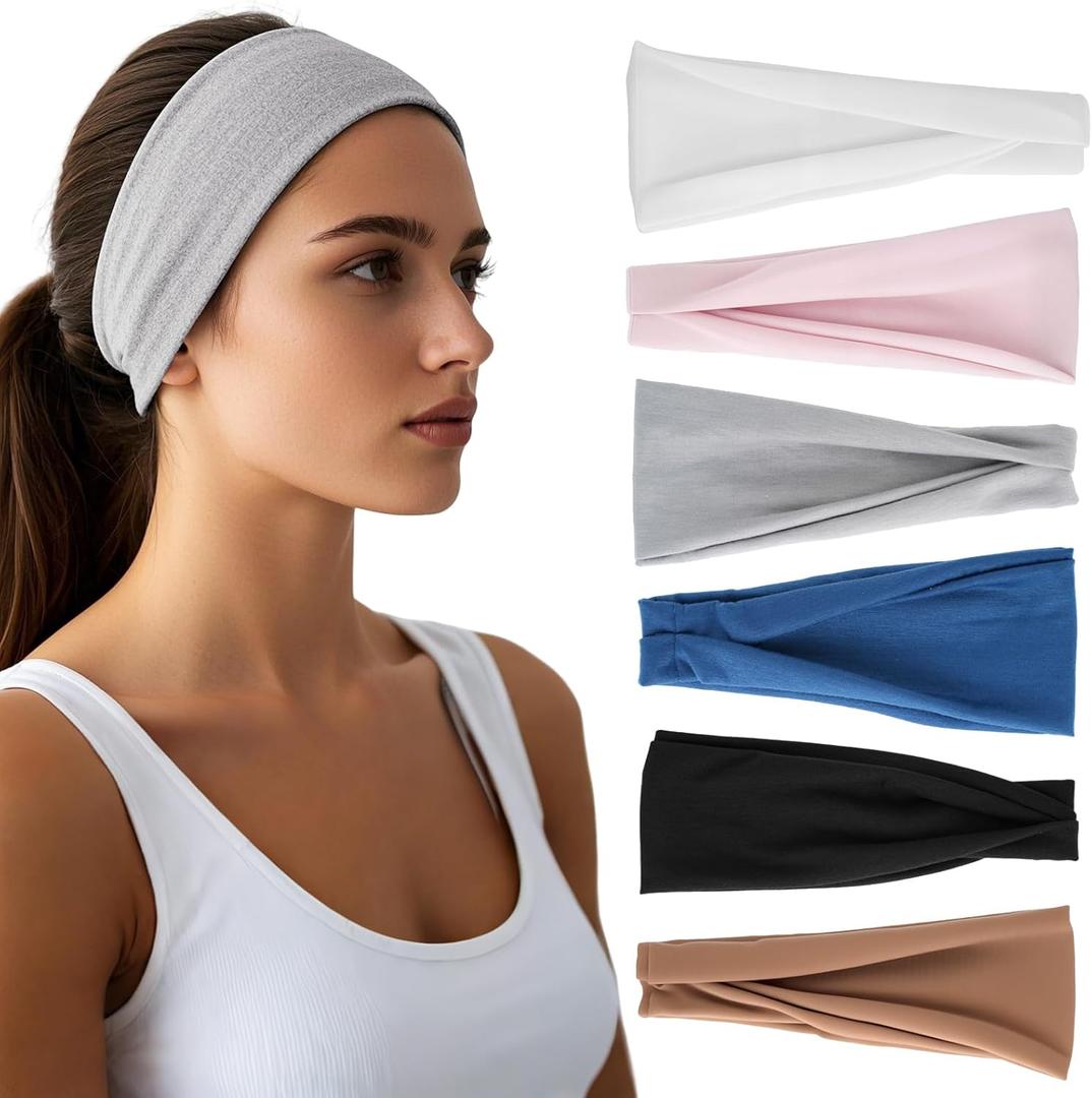 Headbands for Women - 6 Pack Wide Elastic Hair Bands | Stretchy Sweatbands Hair Bands | Soft Sports Thin Head Bands | Non-Slip Accessories Bands for Fashion, Washing Face, Workouts, Yoga, Daily Use (Grey/Navy/Brown/White/Pink/Black)