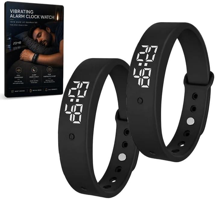Vibrating Alarm Wristband Heavy Sleepers Adults Wrist Band Shock Clock Watch Bands for Deaf People Silent Bracelet Sleeper Wearable Bed Shaker Sleep Tracker Ring Watches Sleep Apnea (2pcs Black)