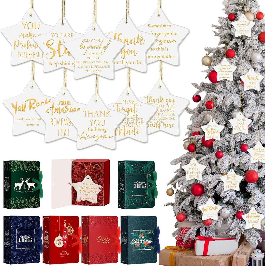 Beeveer 20 Sets Christmas Ornaments for Coworker Star Shaped Ceramic Ornaments Double Sided Printing Inspirational Xmas Tree Hanging Ornaments with Gifts Box Ribbon Raffia for Staff Thank You Gifts