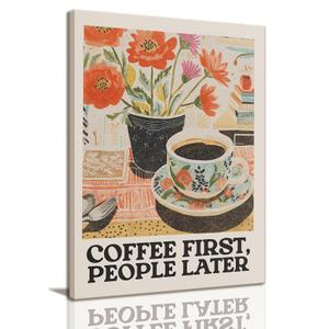 WALLZK Framed Coffee Wall Art Coffee First Poster Canvas Prints Trendy Retro Cafe Bar Painting Pictures Decor for Kitchen Dining Room 16"x24"