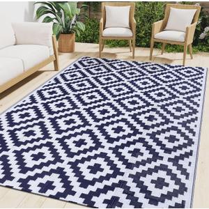 Smiry Waterproof Outdoor Rug 8x10 ft, Reversible Plastic Straw Patio Camping Rugs, Outdoor Indoor RV Mat Carpet for Patio, Outside Entry, Backyard, Deck, Bench, Picnic, Camper, White & Navy (8x10 Feet, White and Navy)