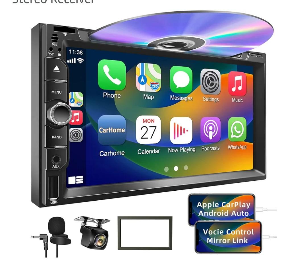 Double Din Car Stereo with Carplay&Android Auto,7 Inch HD Touchscreen Car Radio Support CD DVD Player,Bluetooth,Backup Camera,Mirror Link,SWC,Subwoofer,USB/TF/AUX Input, AM/FM Car Stereo Receiver