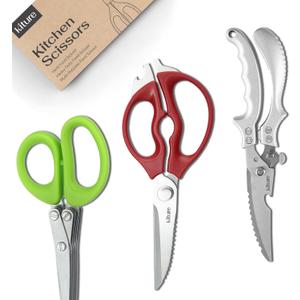 2 x Heavy Duty Kitchen Shear with Bonus MultiPurpose and Herb Scissors 420 Stainless Steel for Chicken, Meat, Fish and Poultry Gift Set with Kitchen Shears for Food and Herbs Scissors by Kiture (Large Silver Set)