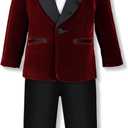 SANGTREE Boys Shawl Tuxedo Suit Velvet Set Gentleman Wedding Outfit, 3 Months - 14 Years (5-6 Years, Burgundy)