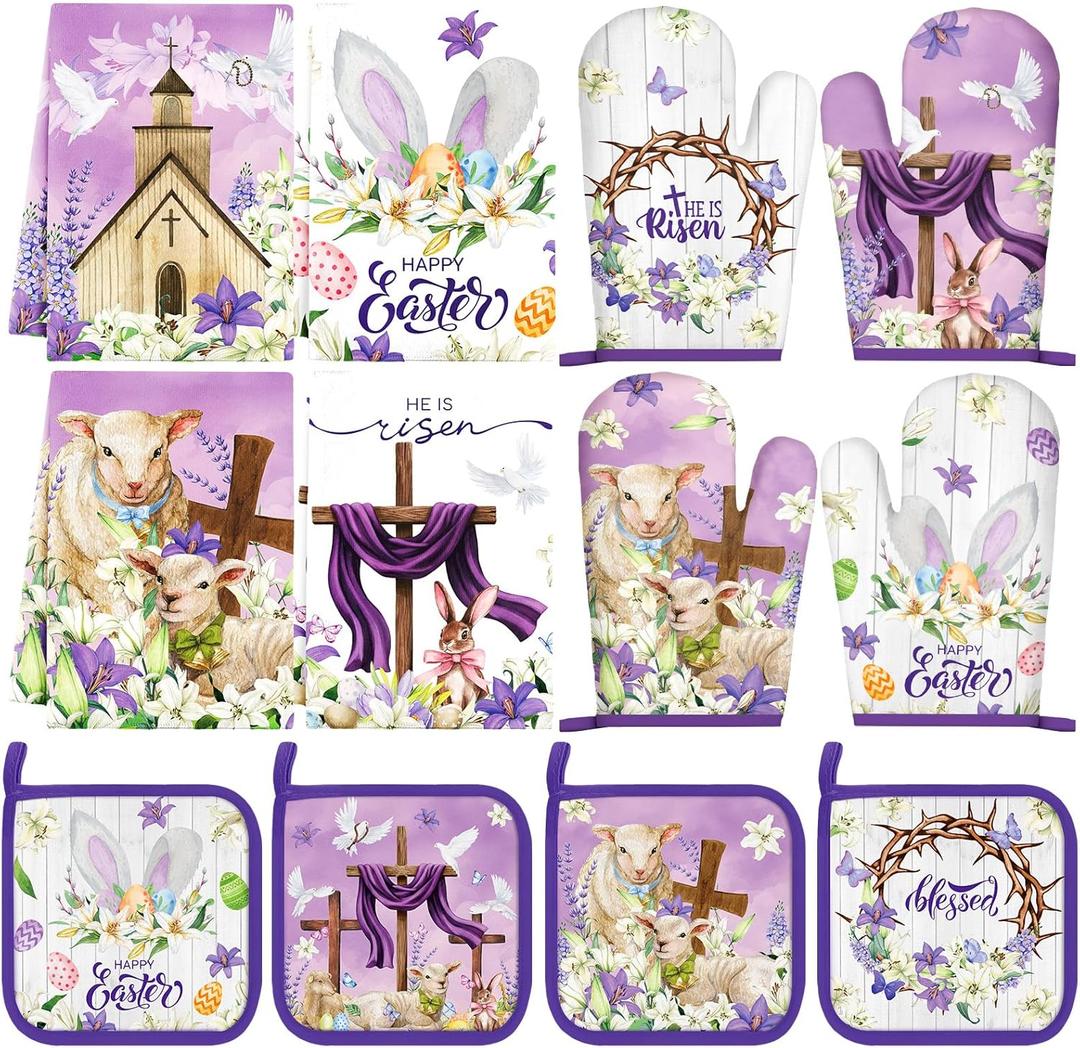 SiliFine 12 Pcs Easter Kitchen Accessories Set Easter He is Risen Oven Mitts Pot Holders Kitchen Towels Christian Religious Decorations for Home Accessories, Cooking Baking Gifts