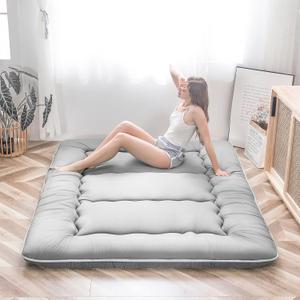 MAXYOYO Japanese Floor Mattress, Thicken Futon Sleeping Pad Foldable Roll Up Mattress Boys Girls Dormitory Floor Lounger Cushion and Sofas, Grey, Twin Size