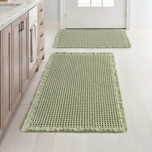 MIULEE Set of 2 Waffle Bathroom Rugs, Boho Bath Rugs Non Slip Washable, Super Absorbent Bath Mats, Ultra Soft Rubber Backed Shower Mats for Bathroom Floor, Tub, Sage Green, 17"x24"+18"x30"