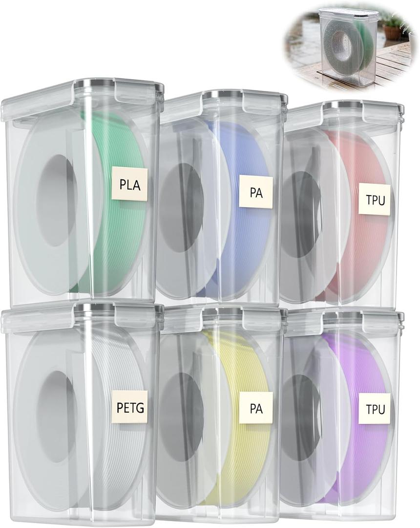Filament Storage Box 6 Pack — Airtight 3D Printer Filament Container with Silicone Seal & 4 Locking Buckles, Water-Proof Dust-Proof Clear Dry Box for 1KG PLA PETG ABS TPU Spool, Stackable Organizer | Airtight silicone gasket and locking clips protect 1kg filament spools from moisture and dust for stable printing performance