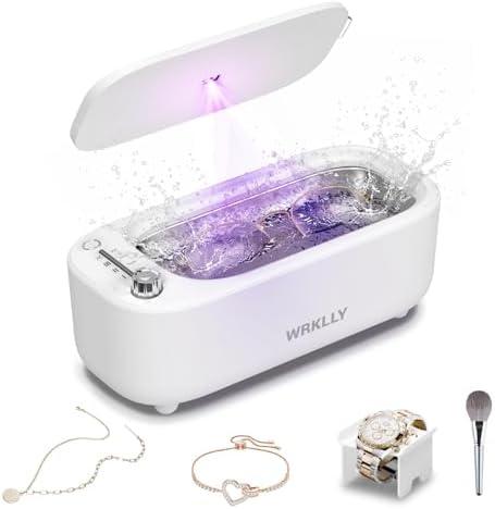 WRKLLY Ultrasonic Jewelry Cleaner, 50KHz 14oz Professional Ultrasonic Cleaner Machine with 4 Timer Modes,304 Stainless Steel Tank for Jewelry, Eyeglasses, Rings, Coins, Watch Strap,Dentures (White)