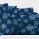 Pointehaven Flannel Deep Pocket Set with Oversized Flat Sheet, California King, Snow Flakes Navy