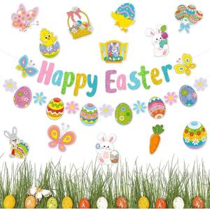 Easter Party Decorations, Easter Decorations Set Happy Easter Banner Easter Window Clings Hanging Easter Egg Banner Decorations for Indoor Outdoor Garden Office Home Classroom Spring Party