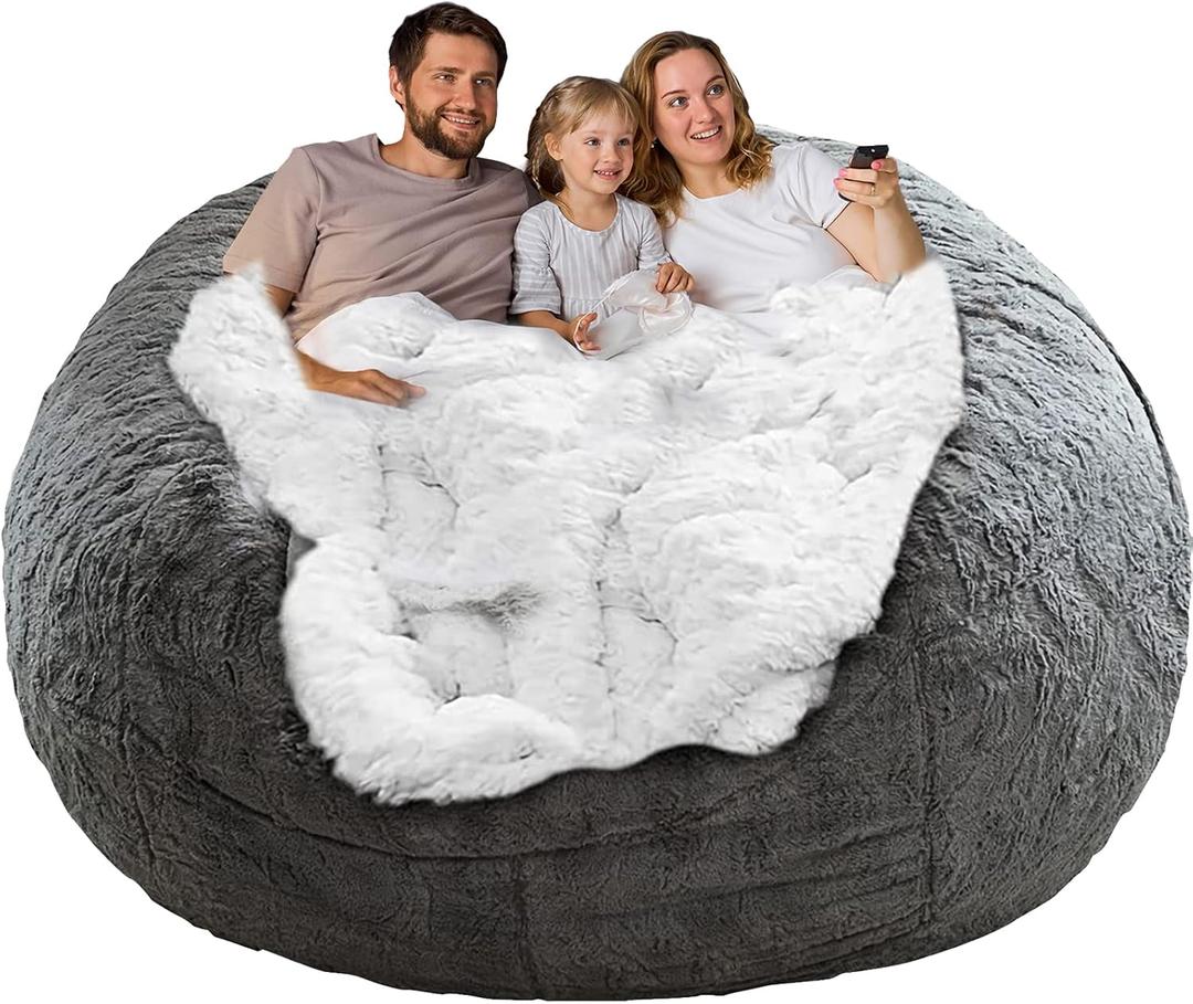 YudouTech (No Filler Bean Bag Chair Cover Without Filler,Big Round Soft Fluffy PV Velvet Washable Bean Bag Lazy Sofa Bed Cover for Adults,Living Room Bedroom Furniture Outside,6ft Dark Grey