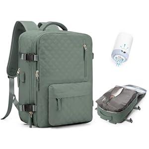 GONHOX Travel Vacuum Storage Backpack with Air Pump Vacuum Seal Compression Space Saver Bags Clothing Vacpack Travel Bag Carry on Personal Item Laptop Work Backpacks Women Men Dark Green