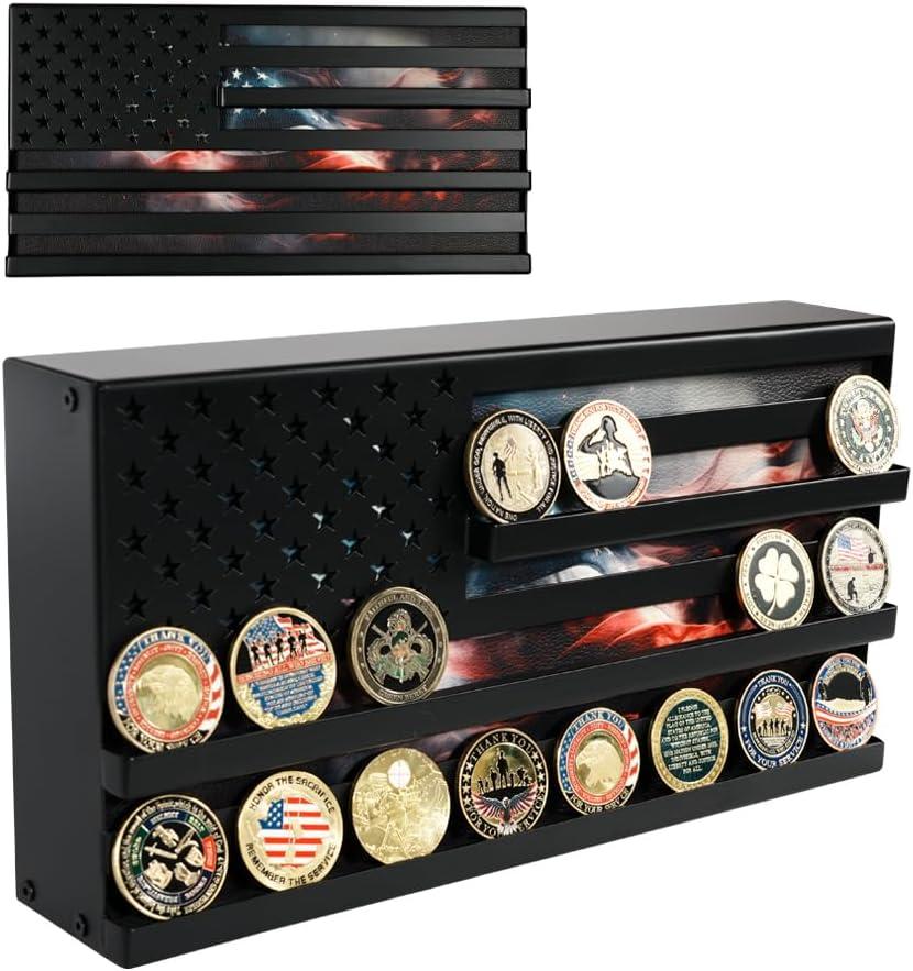 J JACKCUBE DESIGN American Flag Coin Holder Challenge Coin Display Military Coin Holder Metal Wall decor Living Room, US Patriotic Art - MK960B(US Flag)