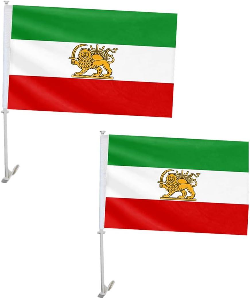 2 Pack Old Historic Iran Iranian Car Flags 11" x 17" with Flagpole Mount,Former Iranian Persian Car Flag,19" Flagpole Fixed Window Clip Mount for Most Vehicle Window.