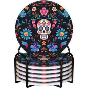 6 Pcs Ceramic Coasters with Holder Absorbent Drink Round Mexican Sugar Skulls Flowers Design for Home Table Coffee Cup Beer Bar,Size 4.4 inches