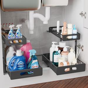 HBL' 2-Pack Large Metal Under Sink Organizer, 2-Tier Slide-Out Under the Kitchen Sink Organizer and Storage,Height Adjustable Under Sink Storage Shelves for Bathroom.