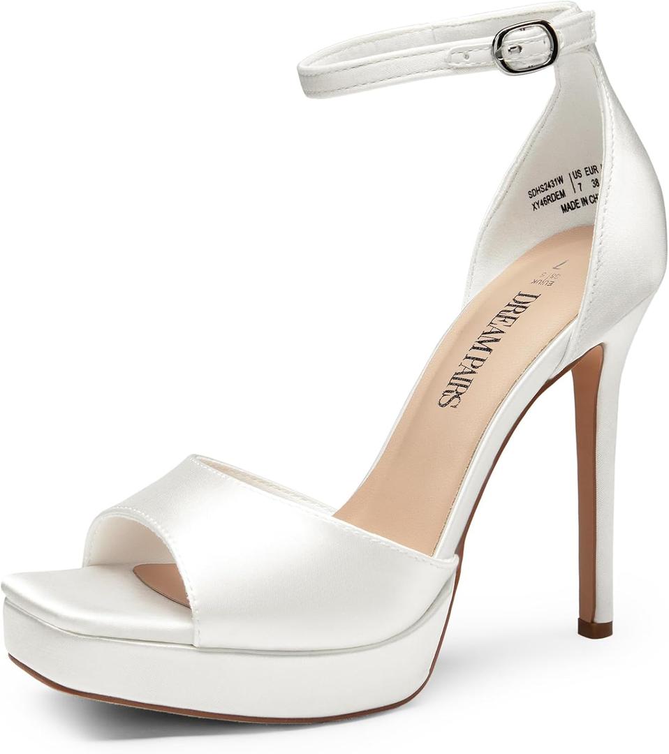 DREAM PAIRS Women's Stiletto High Heels Platform Ankle Strap Square Open Toe Dress Sexy Sandals (8, White-satin)