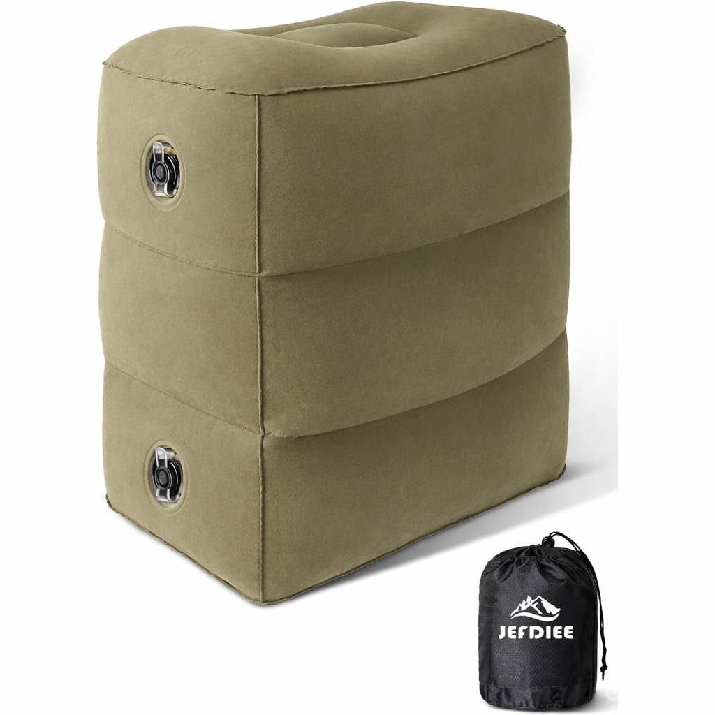 JefDiee Inflatable Foot Rest Pillow, Kids Airplane Bed, Adjustable 3 Layers Height Leg Rest Pillow, Airplane Travel Essentials Great for Office, Home, Trains, Cars (Khaki)
