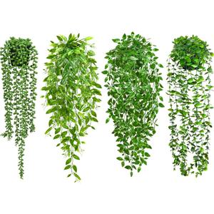 Palonu 4 Pack Faux Artificial Hanging Plants, Fake Potted Greenery with Eucalyptus Vine, Mandala, Pea Pod Leaves & String of Pearls in Pots for Office, Living Room, Bathroom, Indoor & Outdoor Dcor